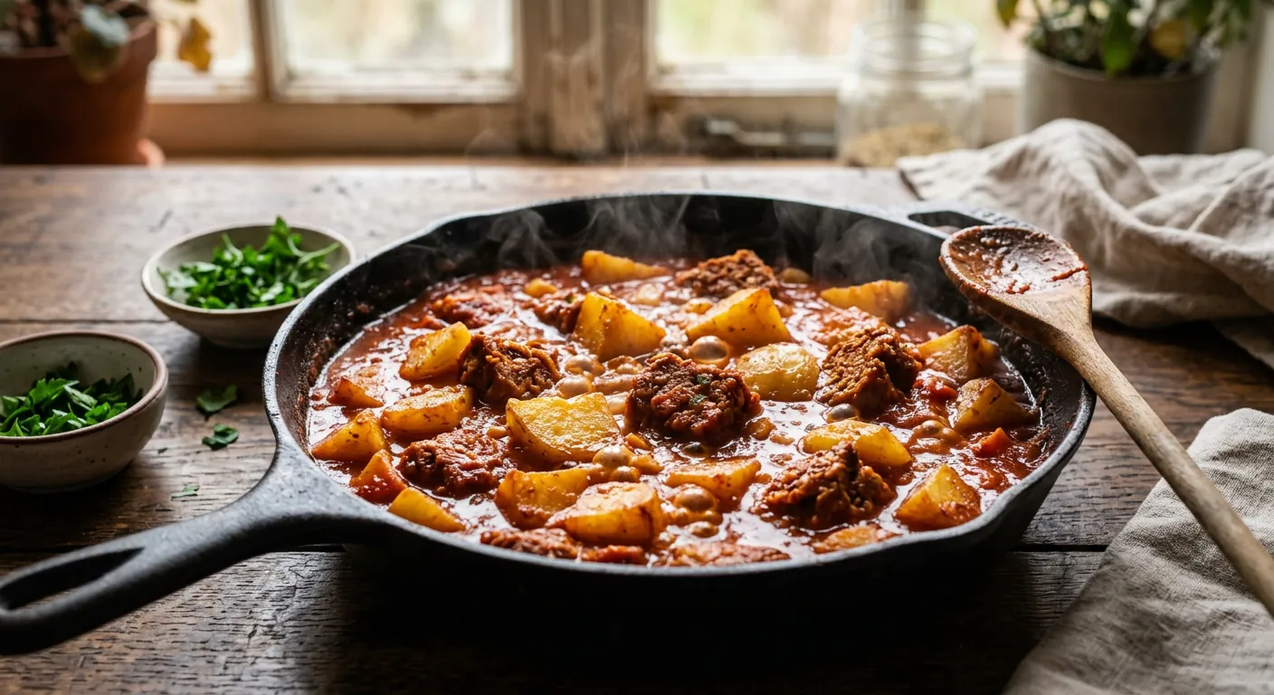 خوراک سویا با سیب‌زمینی و سس گوجه در تابه