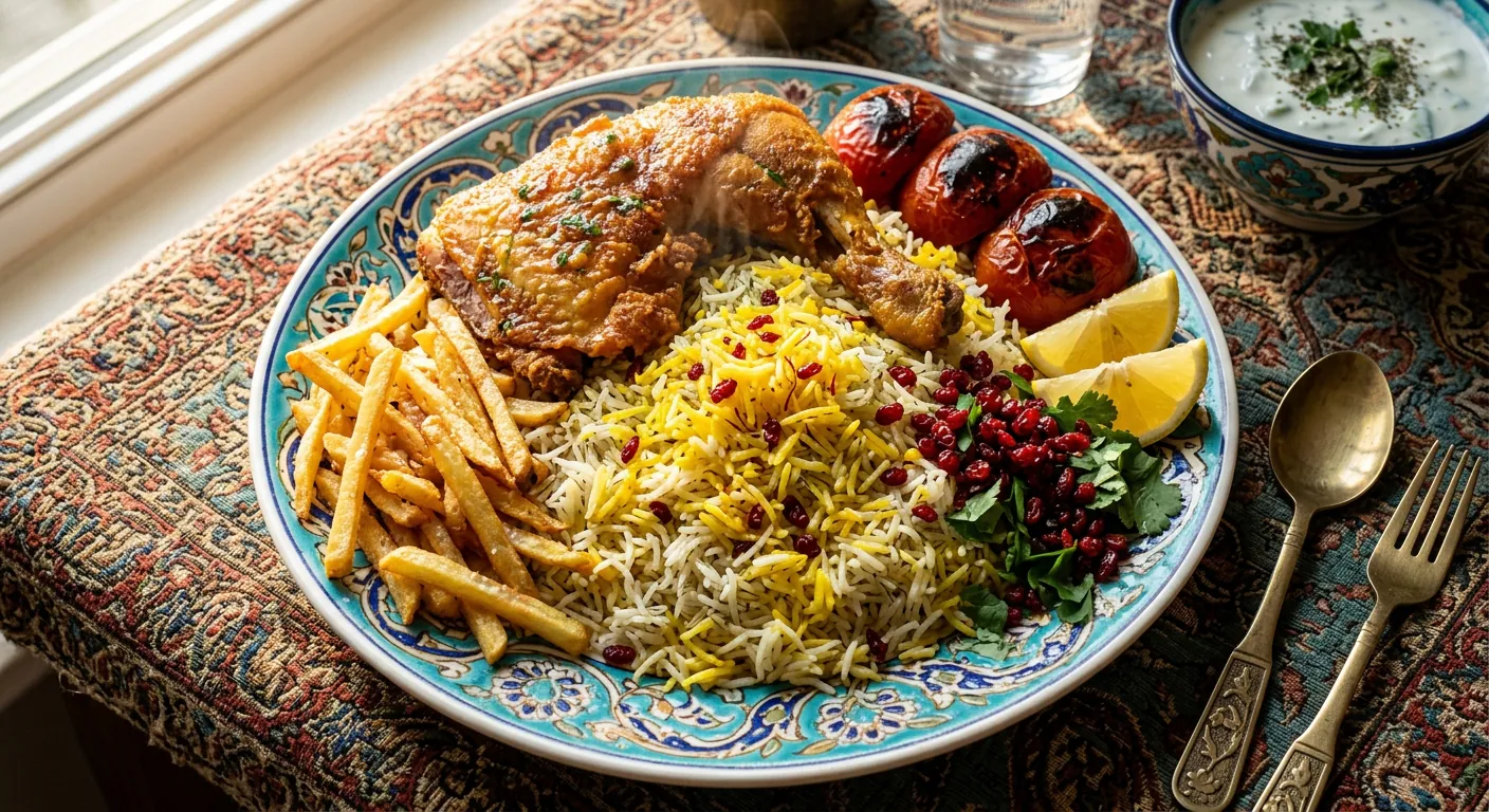 چلو مرغ سرخ شده طلایی با برنج ایرانی و دورچین سیب‌زمینی
