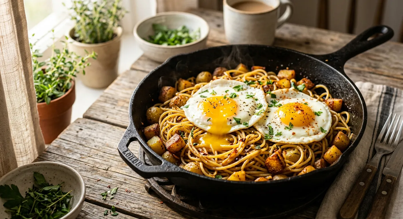 ماکارونی با تخم‌مرغ و سیب‌زمینی سرخ شده در تابه